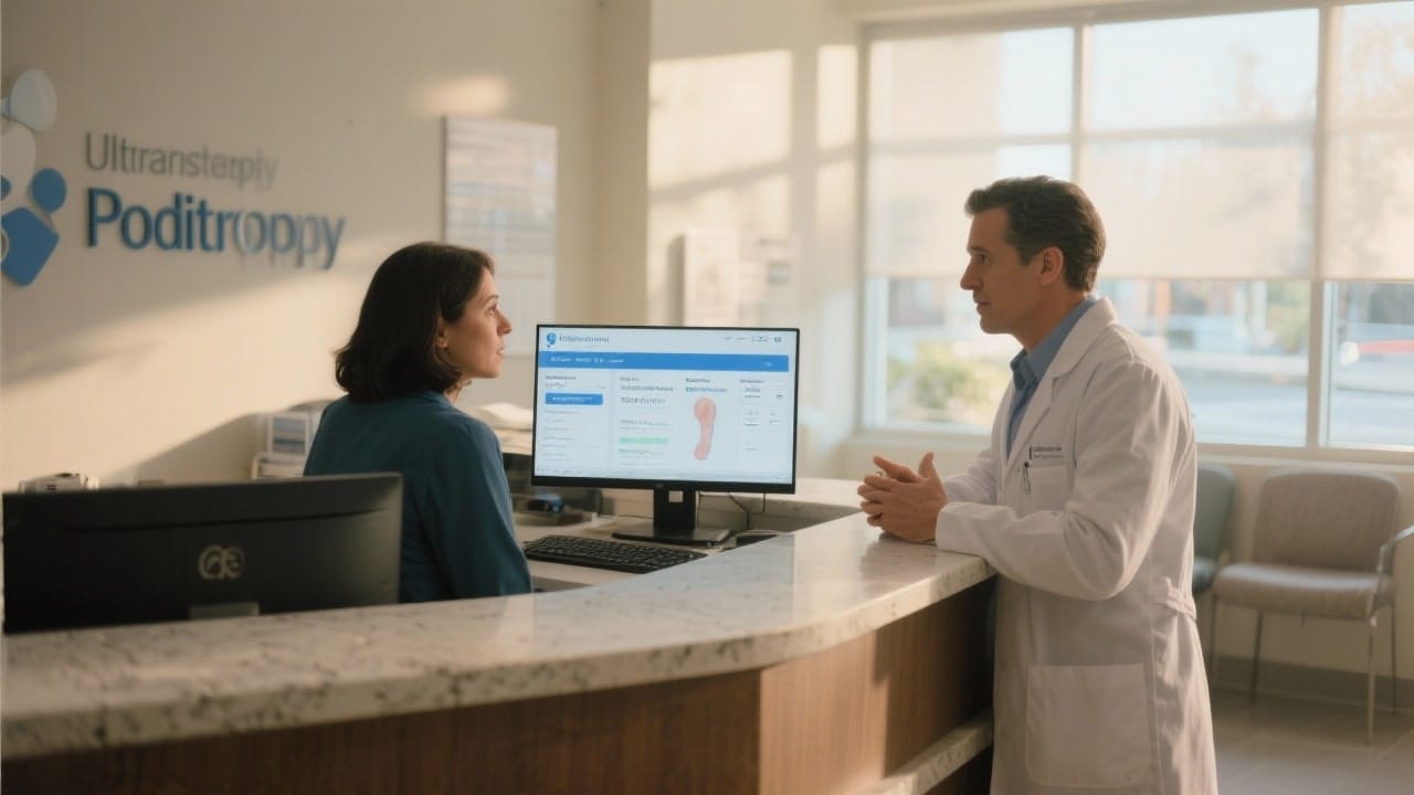 Modern clinic team reviewing Podiatry Billing dashboard at front desk.