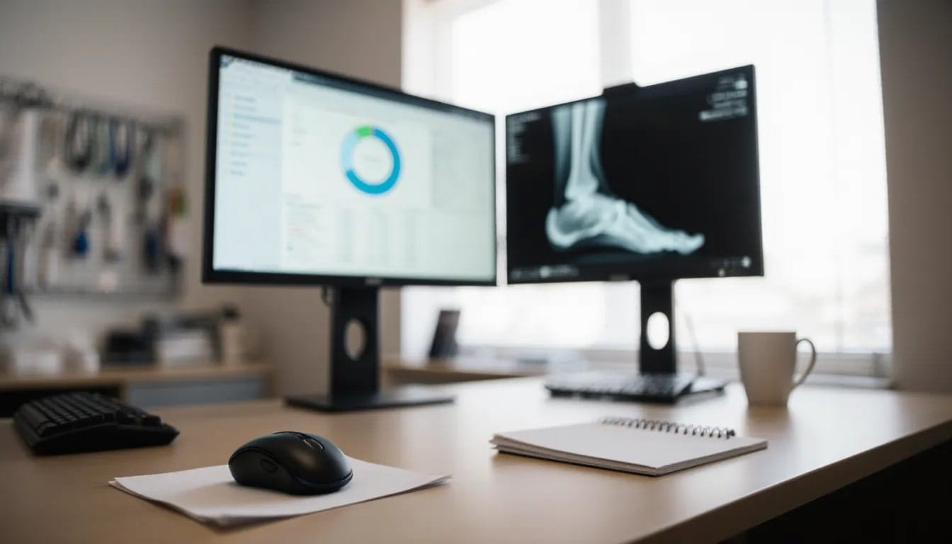 Modern office showing Podiatry Billing dashboard on dual monitors.