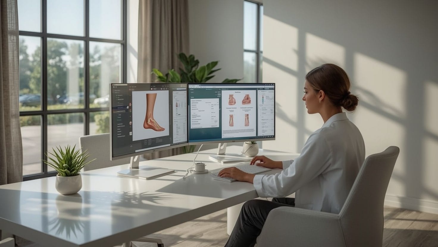 Front office specialist reviews claims for Podiatry Billing on dual monitors in a bright clinic.