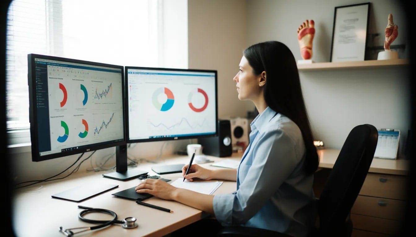 Billing specialist reviews podiatry billing services dashboard in a modern clinic office.