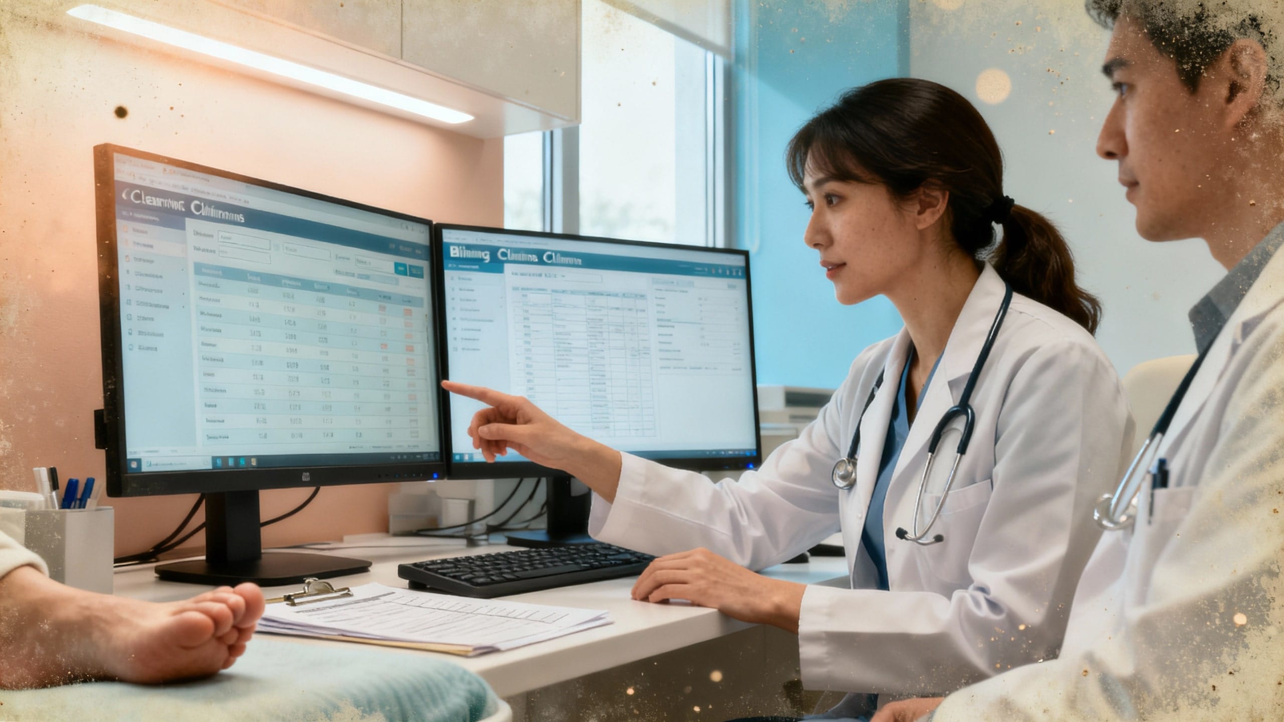 Podiatry Billing team reviewing claims dashboard in a modern clinic office