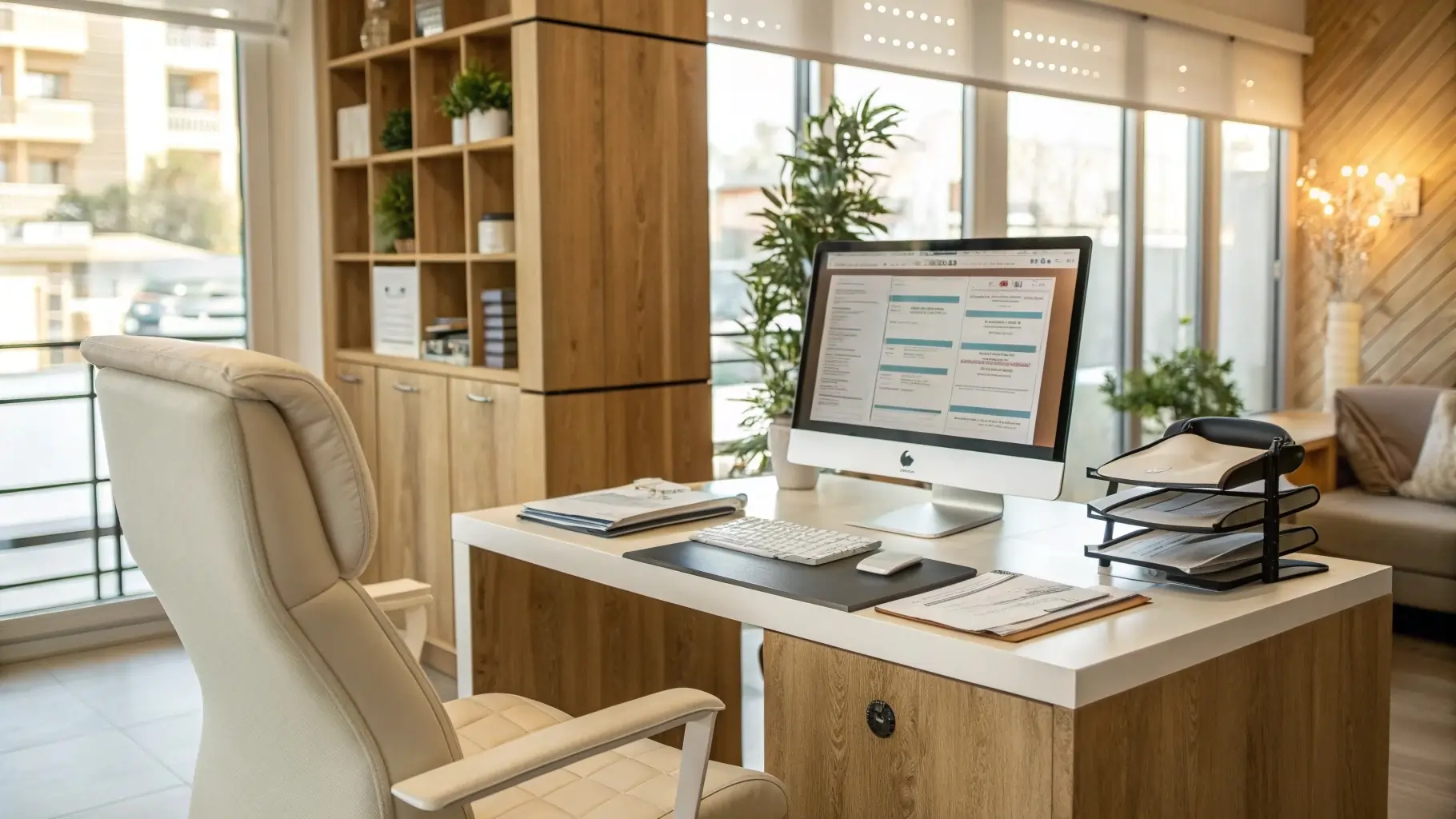 Chiropractic billing scene in a modern clinic office with computer and paperwork.