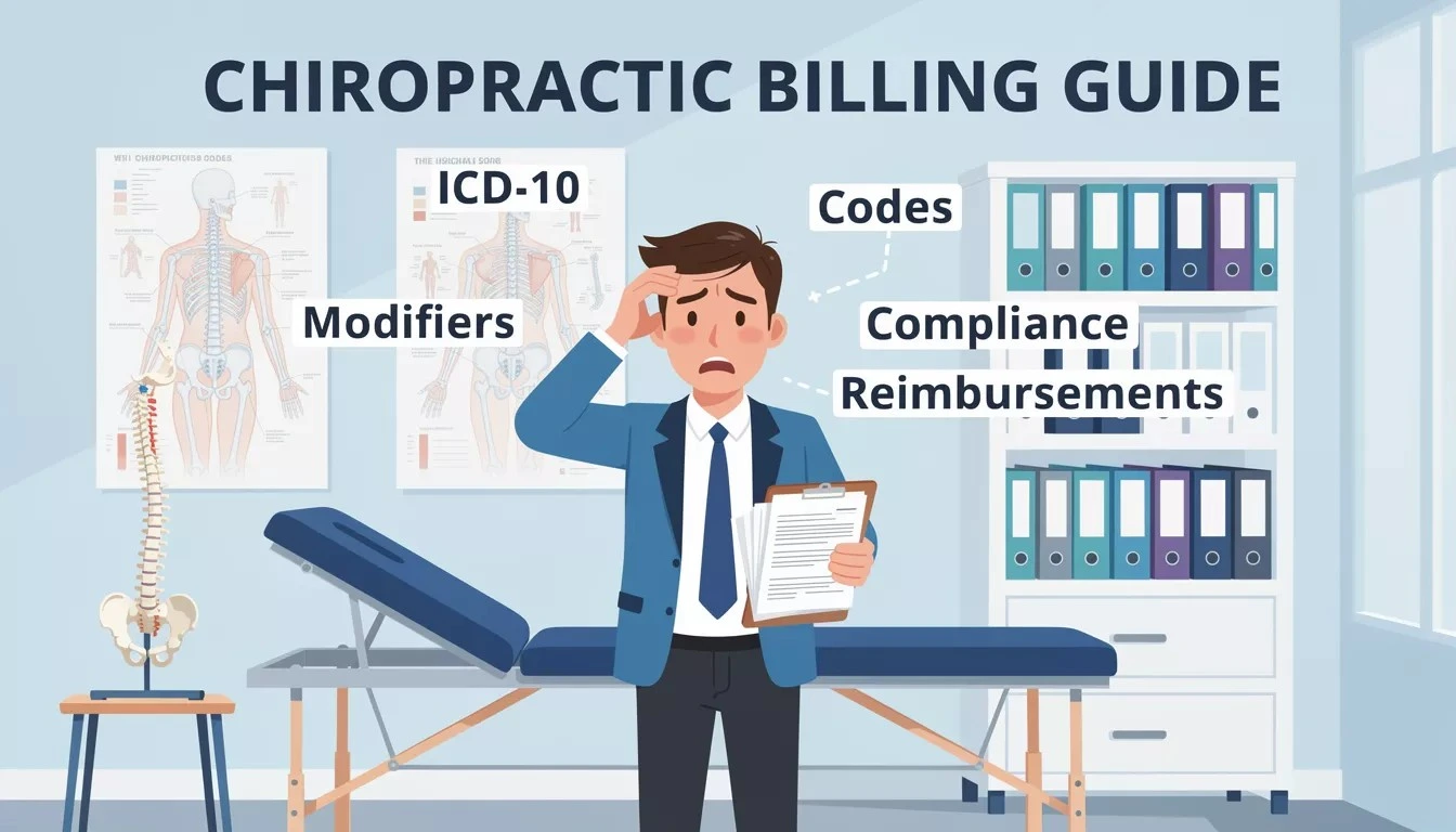 Illustration of a stressed clinic professional in a chiropractic office with labels for ICD-10, modifiers, codes, compliance and reimbursements