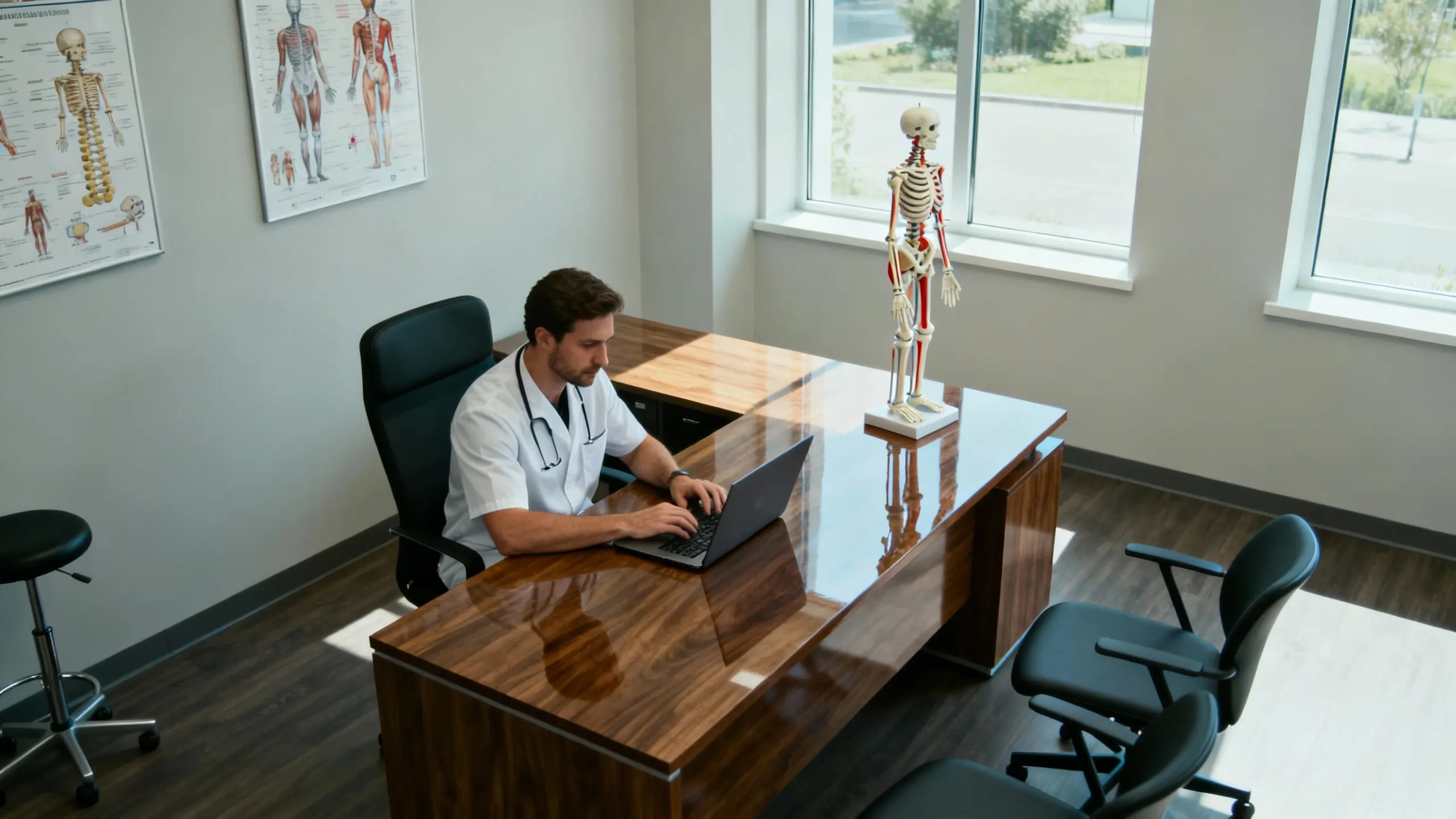 A chiropractor at his desk in a modern office, emphasizing chiropractic billing and professionalism.