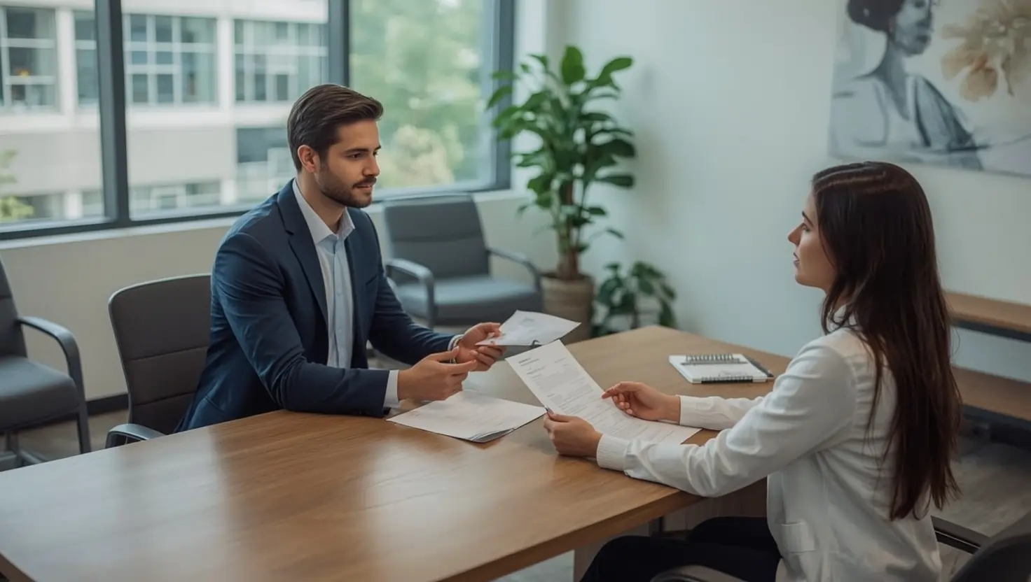 A chiropractor discusses payment plans with a patient at a modern office.