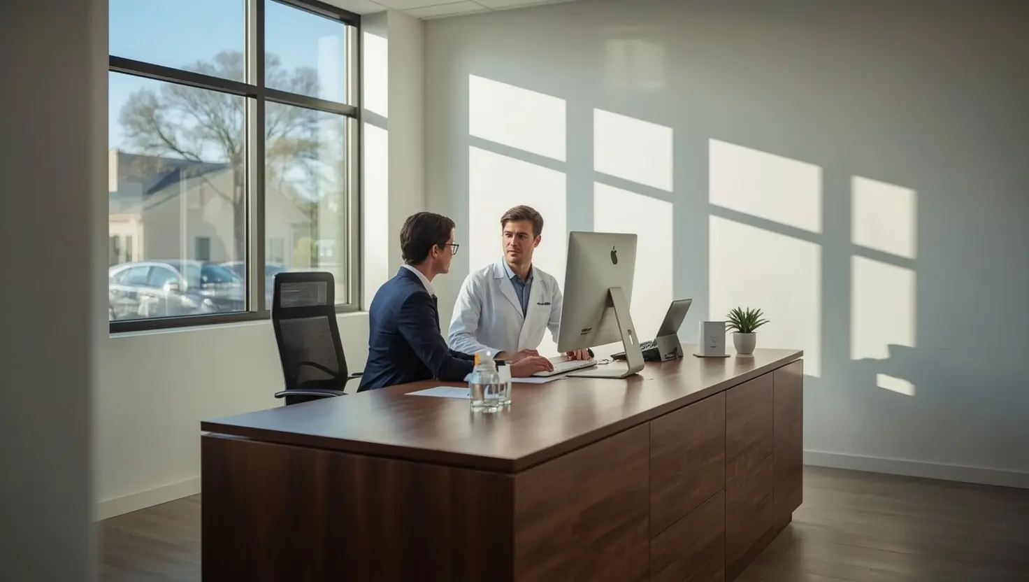 Chiropractor's office with professional discussing chiropractic billing services.