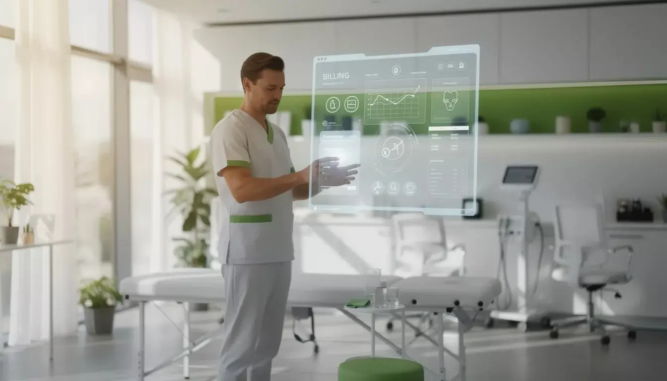 Chiropractor using advanced billing system in a modern office, enhancing efficiency.