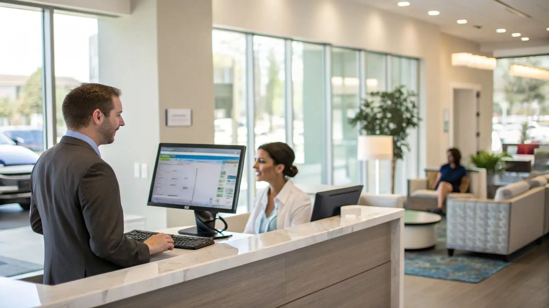 Chiropractor clinic interior featuring a reception desk with billing software, highlighting chiropractic billing services.