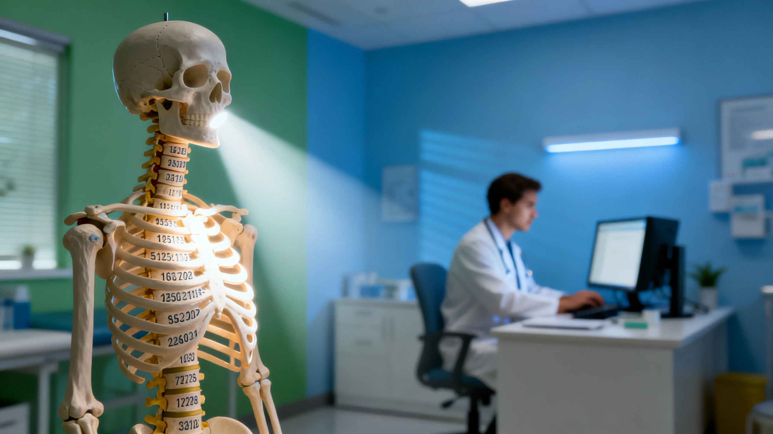 Chiropractic clinic scene showing spine model in the foreground with medical billing codes for chiropractors printed on the spine model and healthcare professional working on billing at a desk