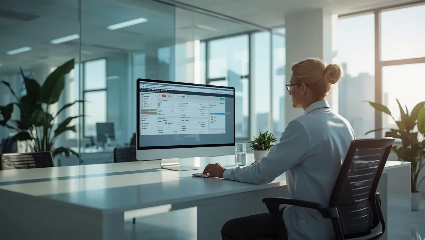 Medical professional in a modern office using software for medical billing on a computer.