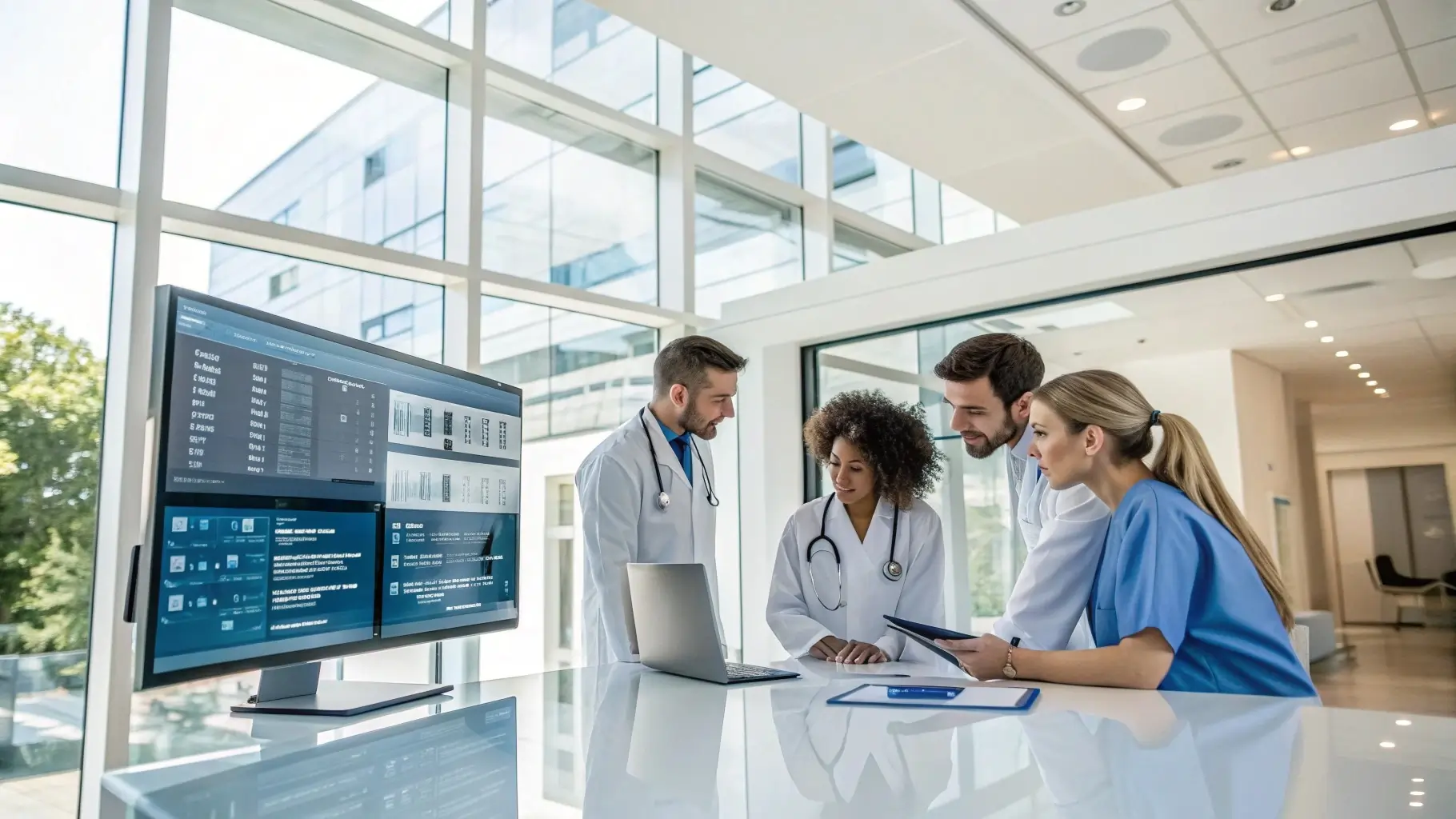 Medical professionals focused on digital billing interface in a modern clinic setting.