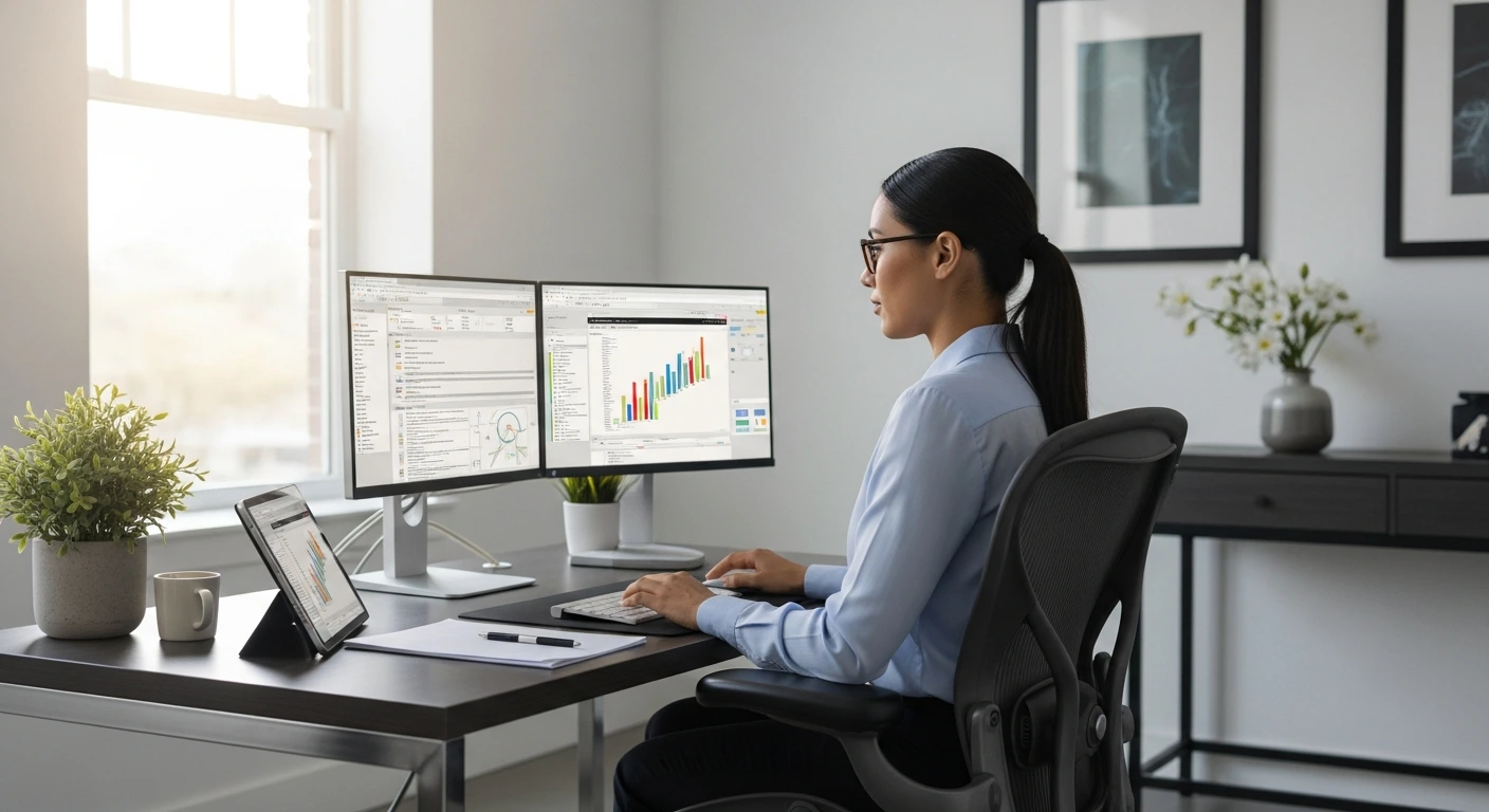 Medical billing specialist working in a modern office setting, showcasing efficiency in medical billing services.
