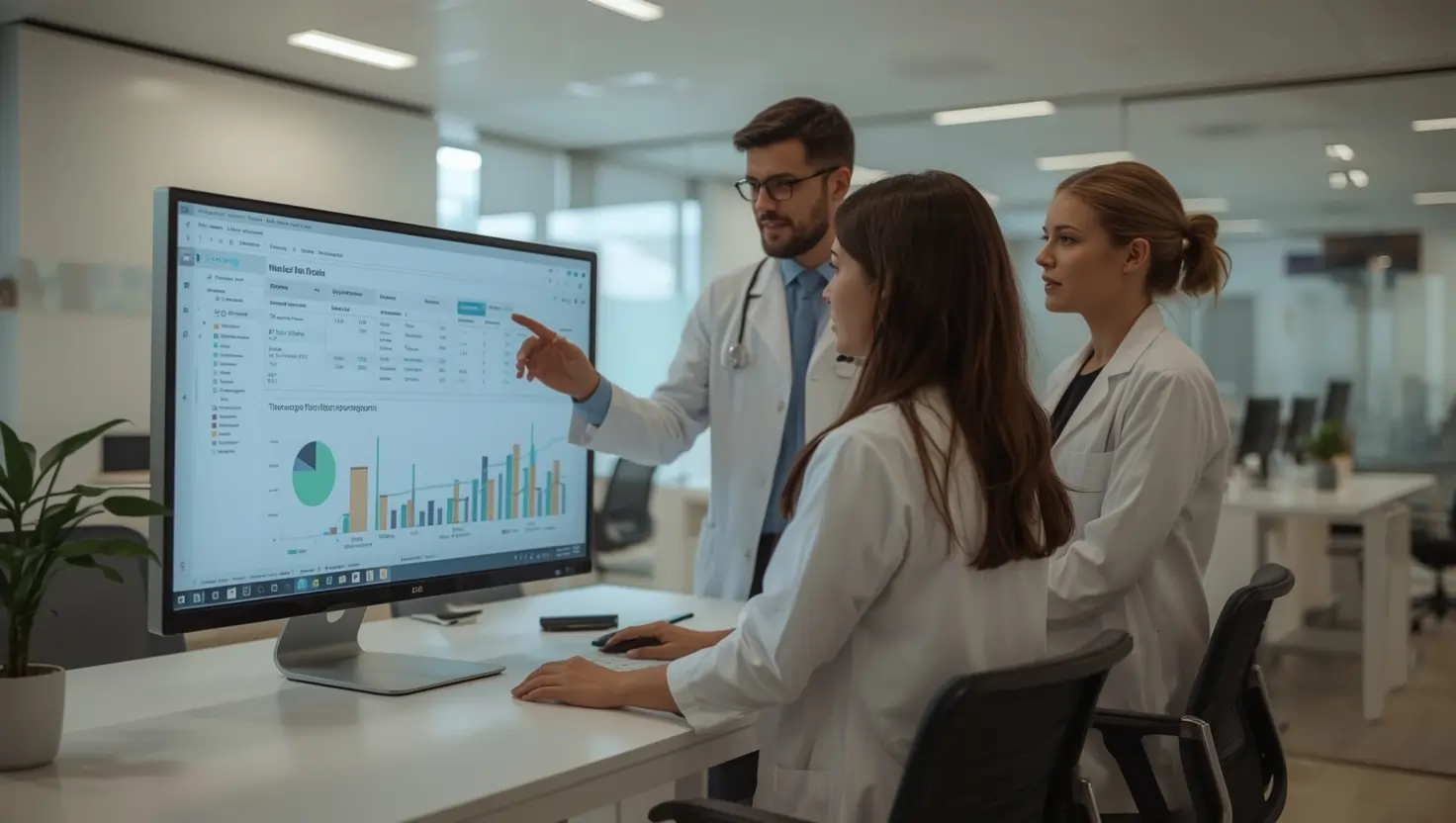 Medical billing professionals discuss improving cash flow in a modern office.