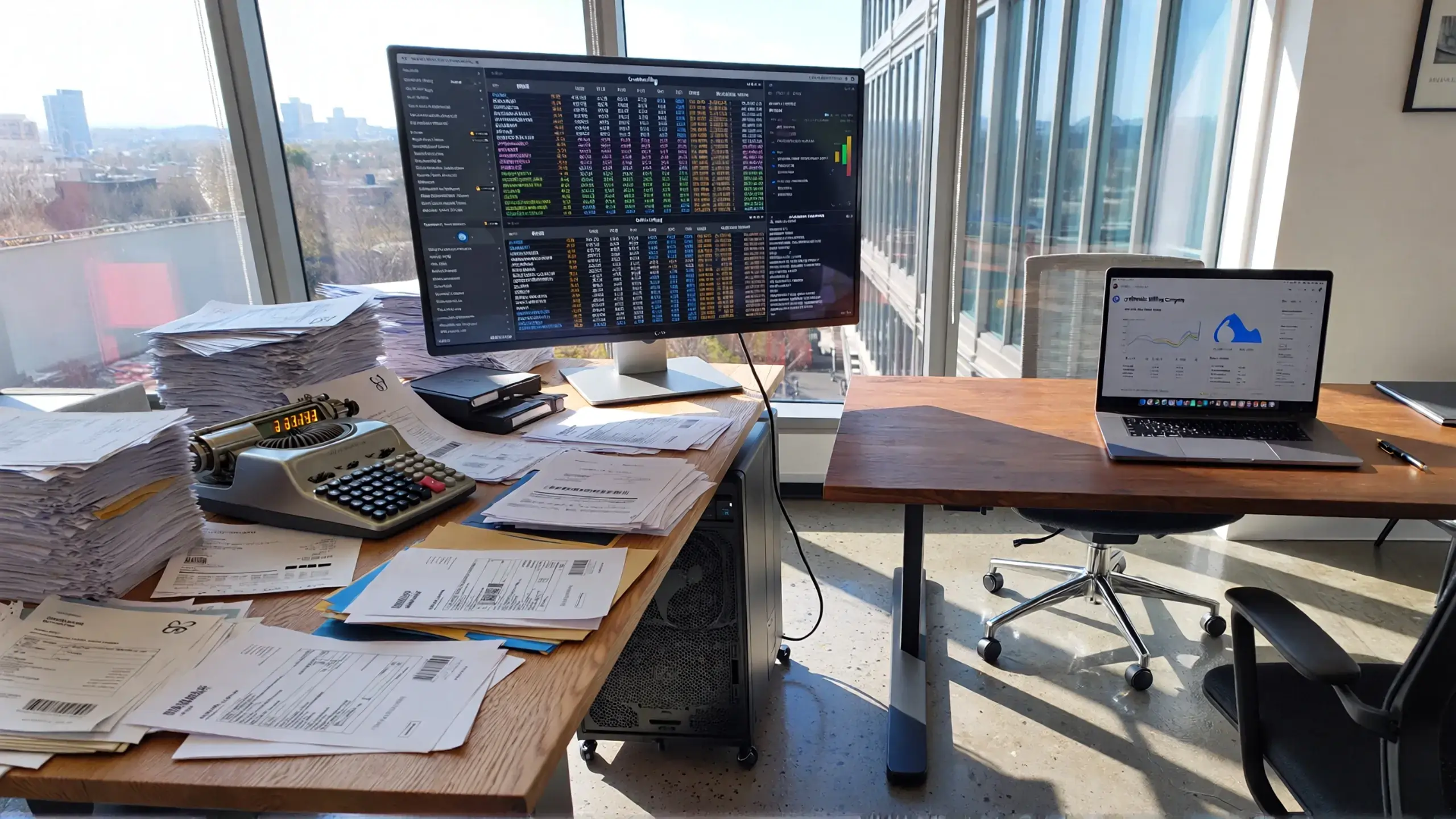 A modern office with two desks showing in-house and orthopedic billing company setups.