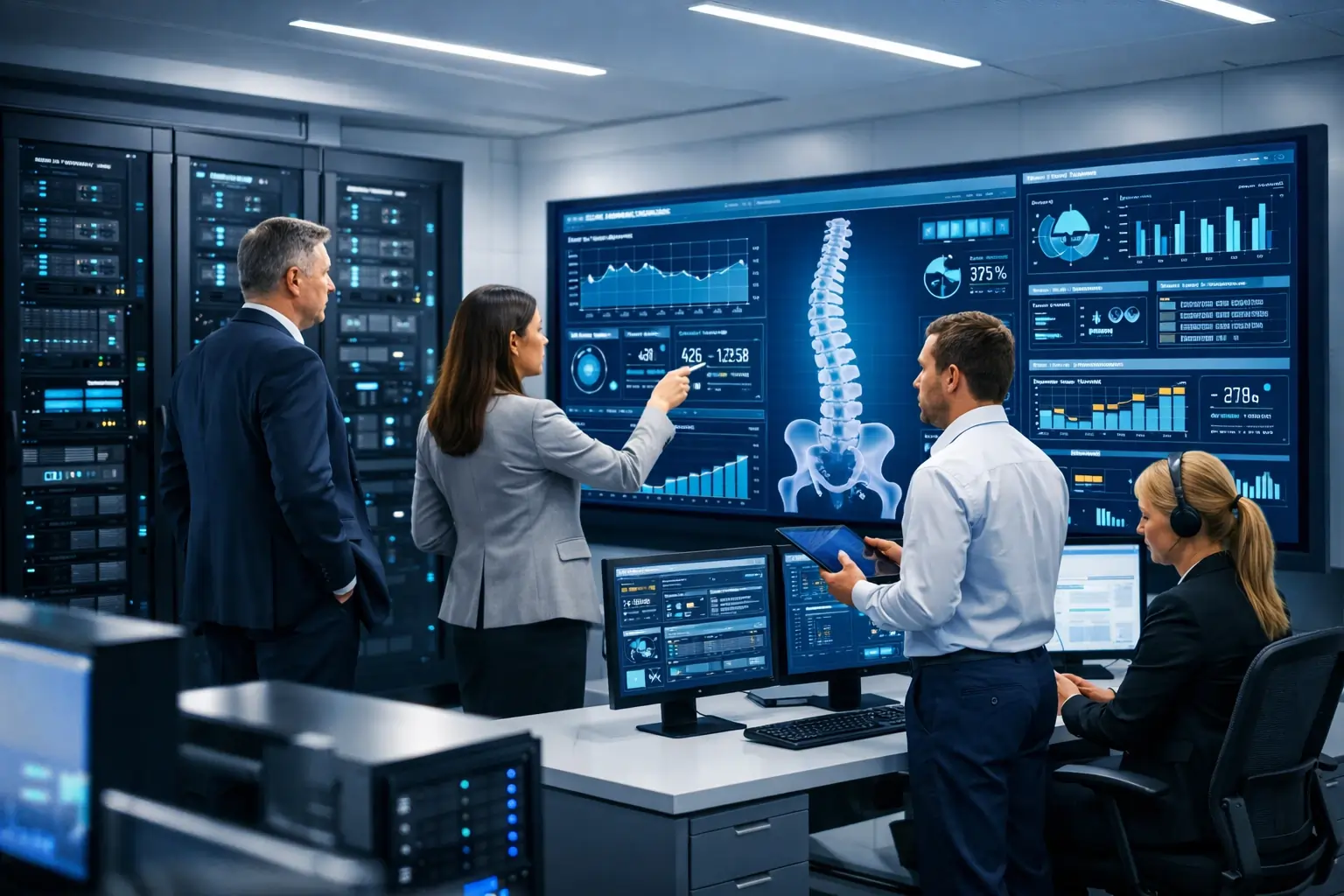 Orthopedic billing company office with servers and screens for data management.