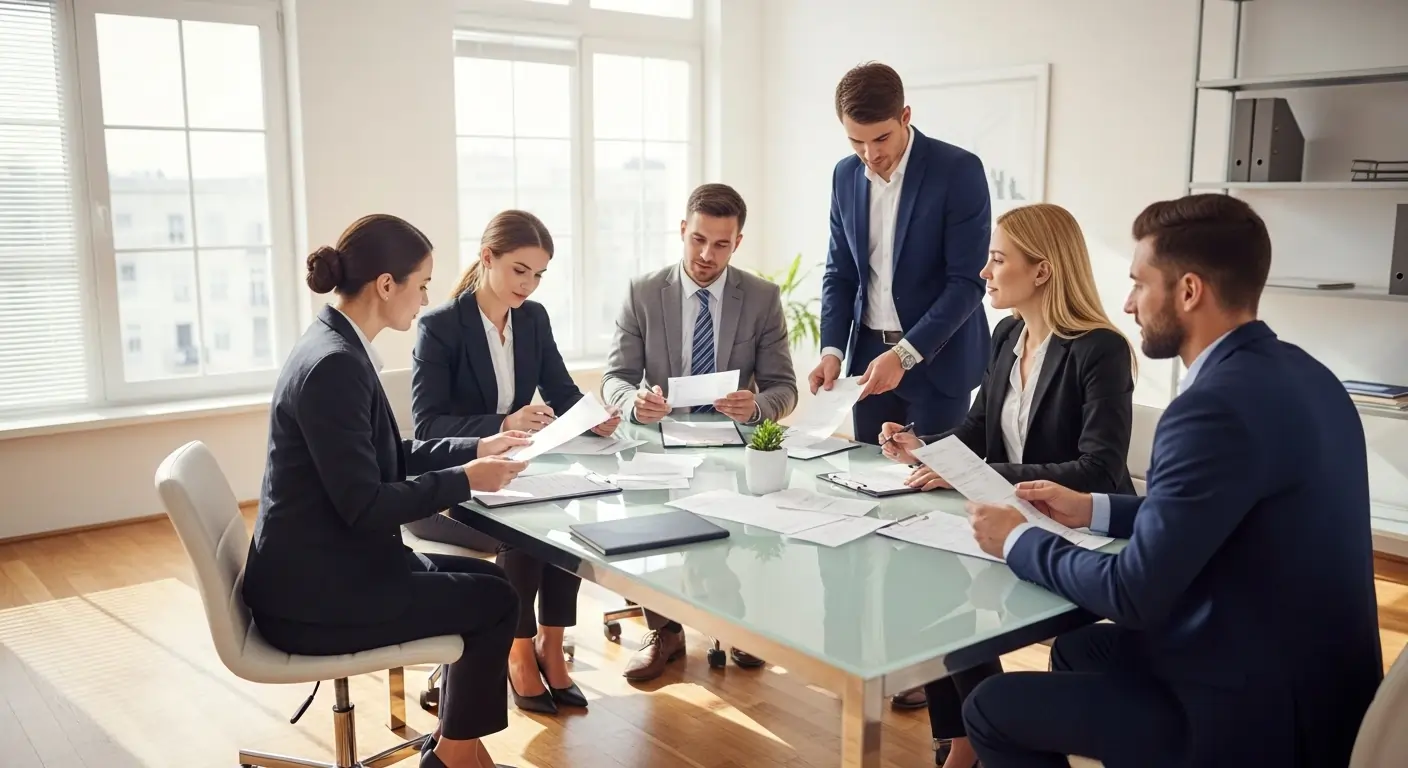 A team of orthopedic billing experts evaluates invoices in a modern office setting.