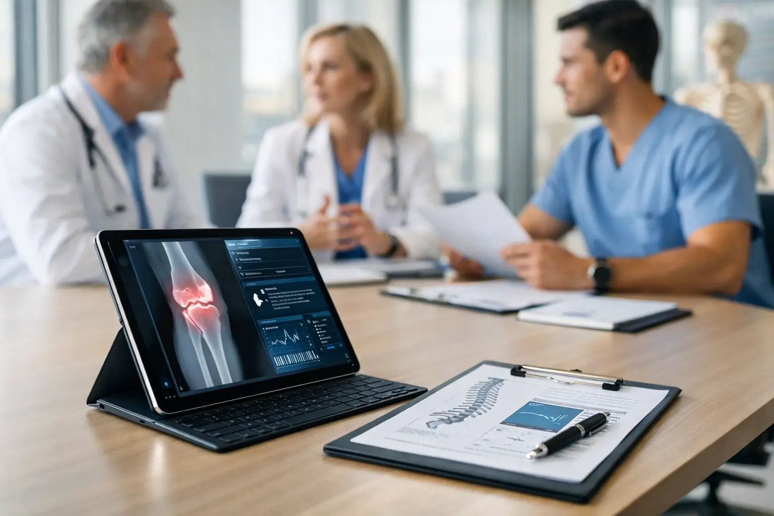 Orthopedic billing company team in a modern office, discussing patient charts.