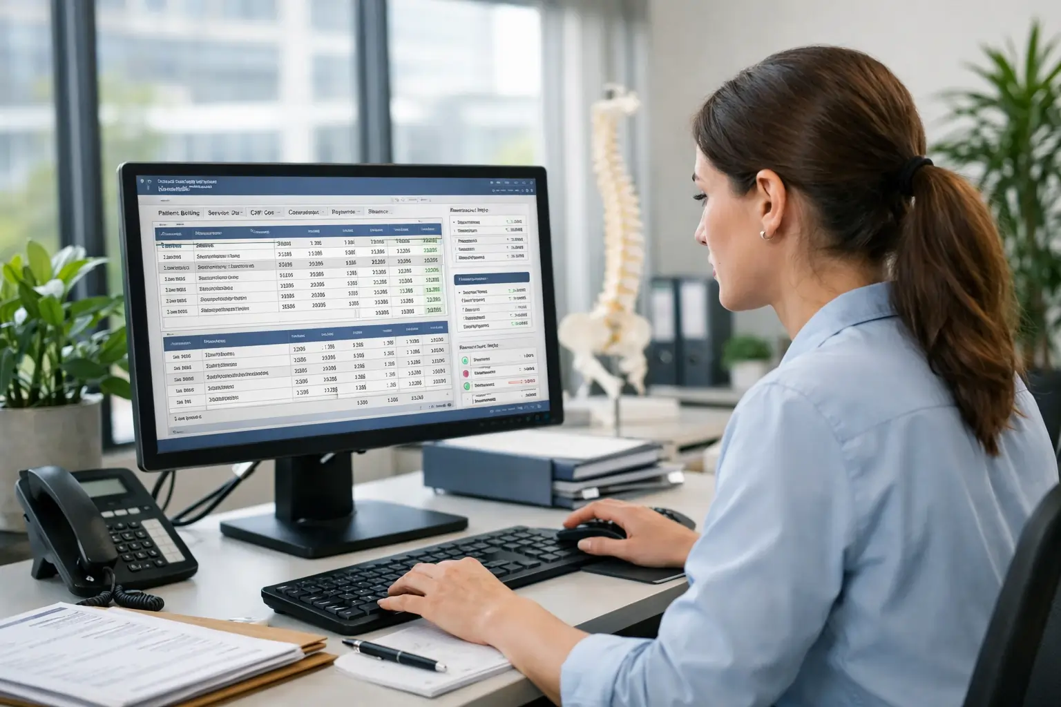 Orthopedic billing company office with a specialist working on a computer.