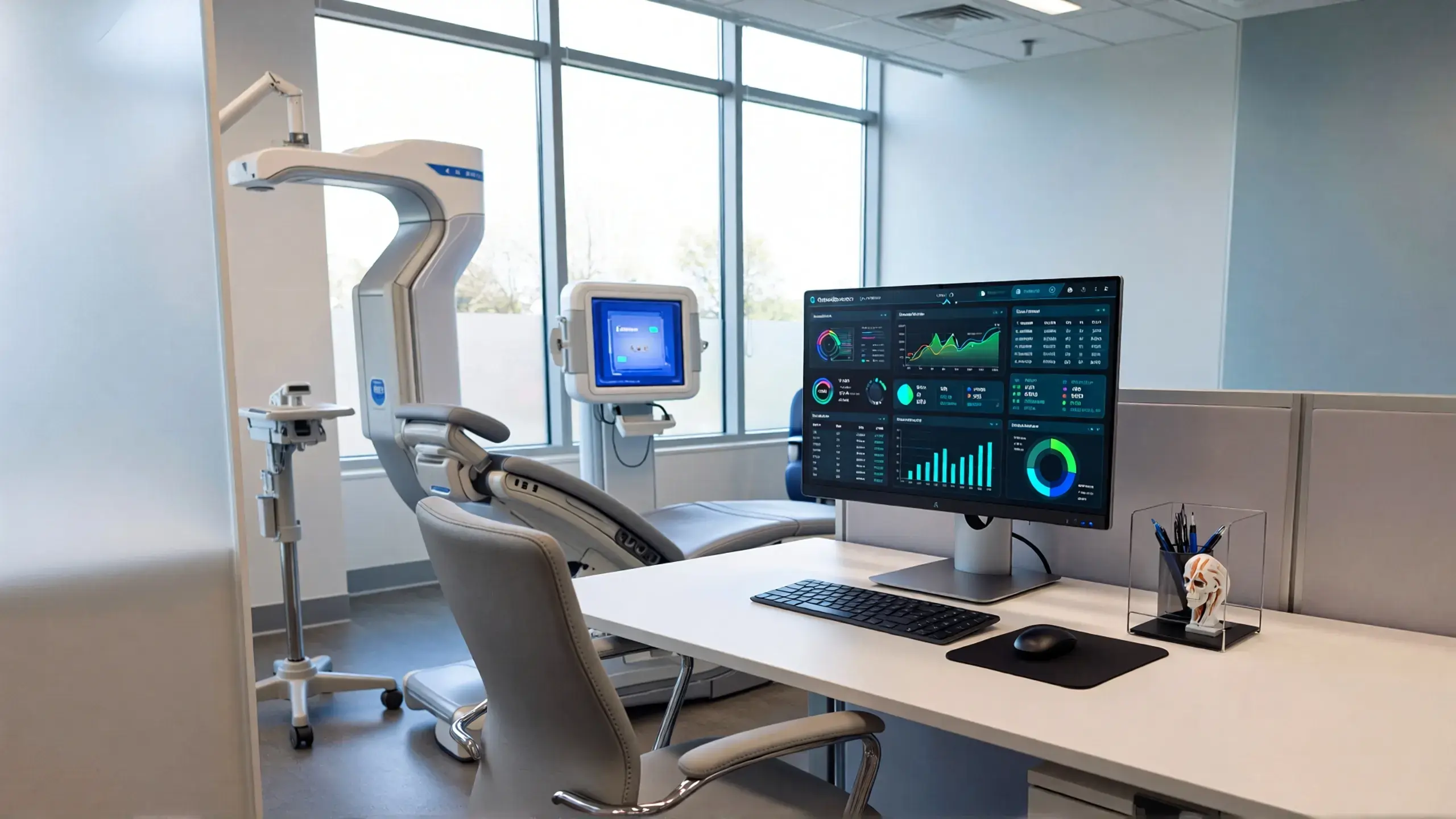 A modern orthopedic clinic office with a computer showing billing analytics, emphasizing orthopedic billing accuracy.