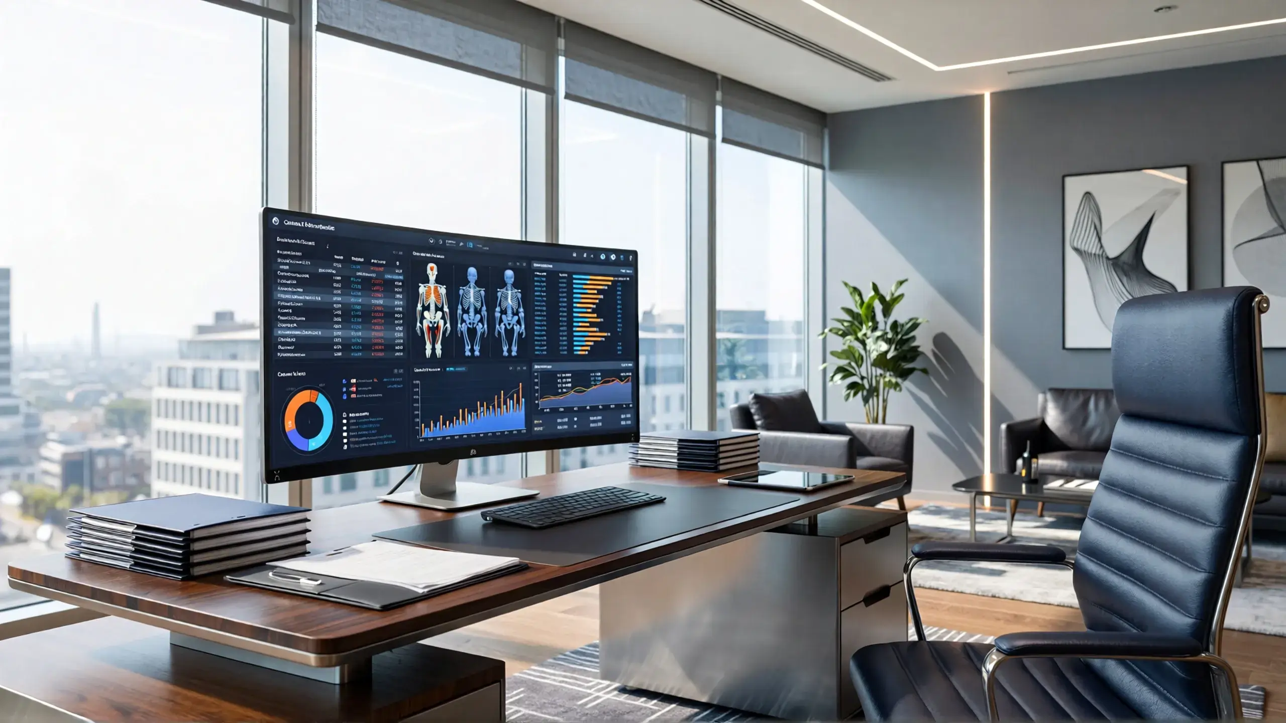 Modern doctor's office focused on orthopedic billing with organized computer setup and paperwork.