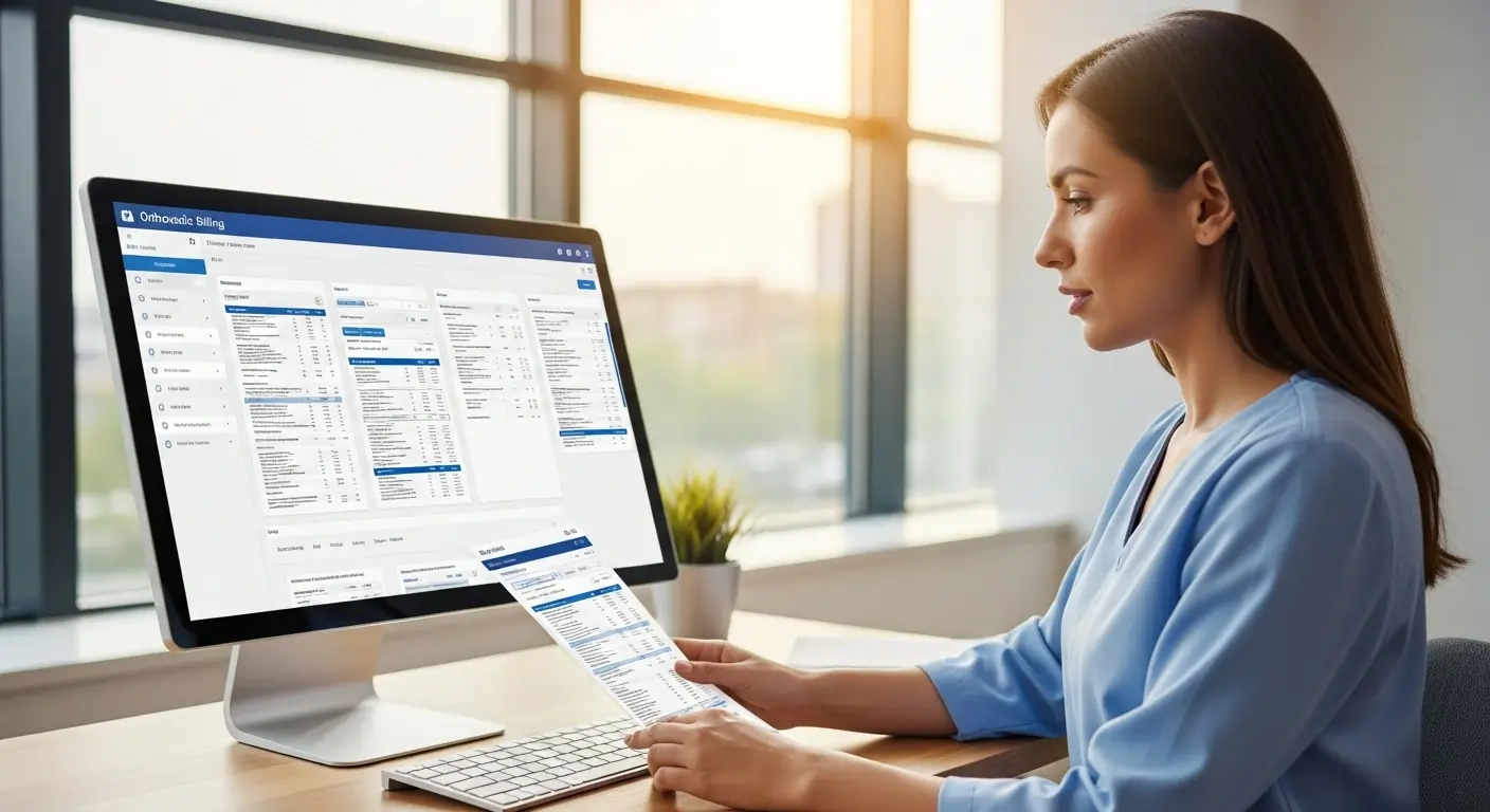 A modern orthopedic billing setup with a professional analyzing medical documents on a touchscreen.