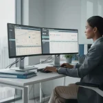 An expert analyzing complex podiatry billing services on dual monitors in a modern office.