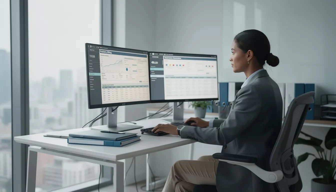 An expert analyzing complex podiatry billing services on dual monitors in a modern office.