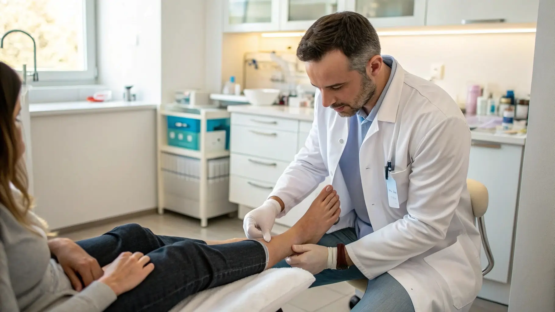 A podiatrist examines a patient's foot in a modern clinic, highlighting the importance of podiatry billing services.