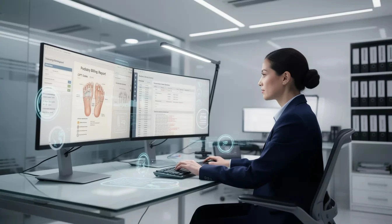 A podiatry medical billing expert working in a modern office with advanced technology and documents on screens.