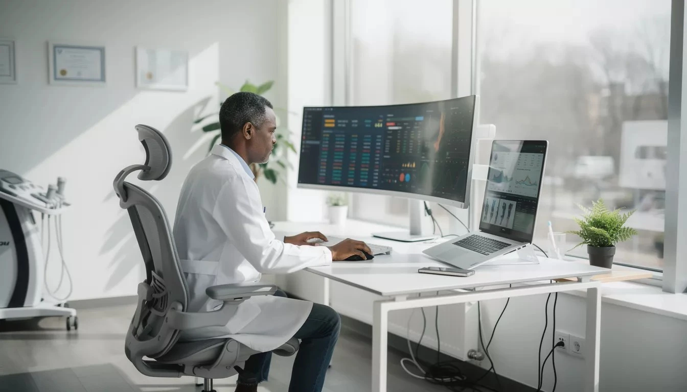 Podiatry specialist in a modern office reviewing digital billing data on a computer screen.
