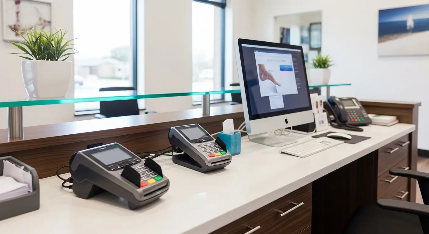 A modern podiatry office desk setup with a computer and card payment machine illustrating medical billing services.