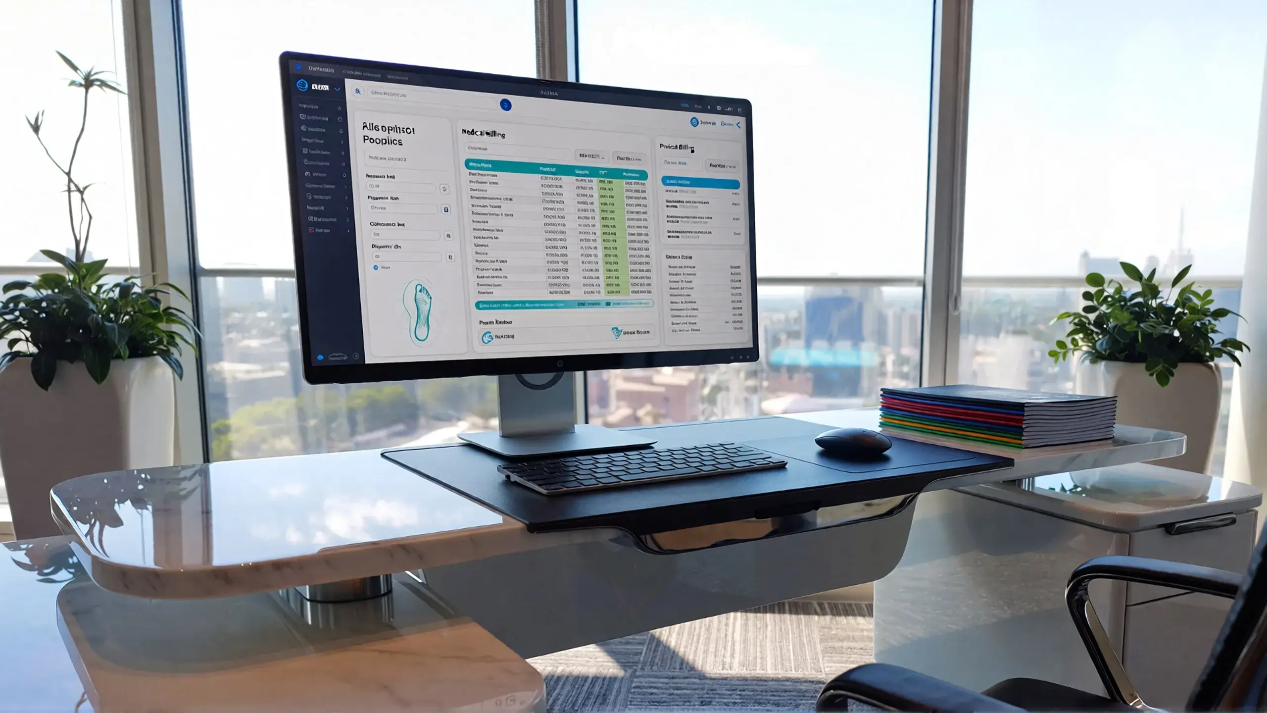 Ultra-modern office setup for podiatry medical billing services showing detailed billing software and organized paperwork.