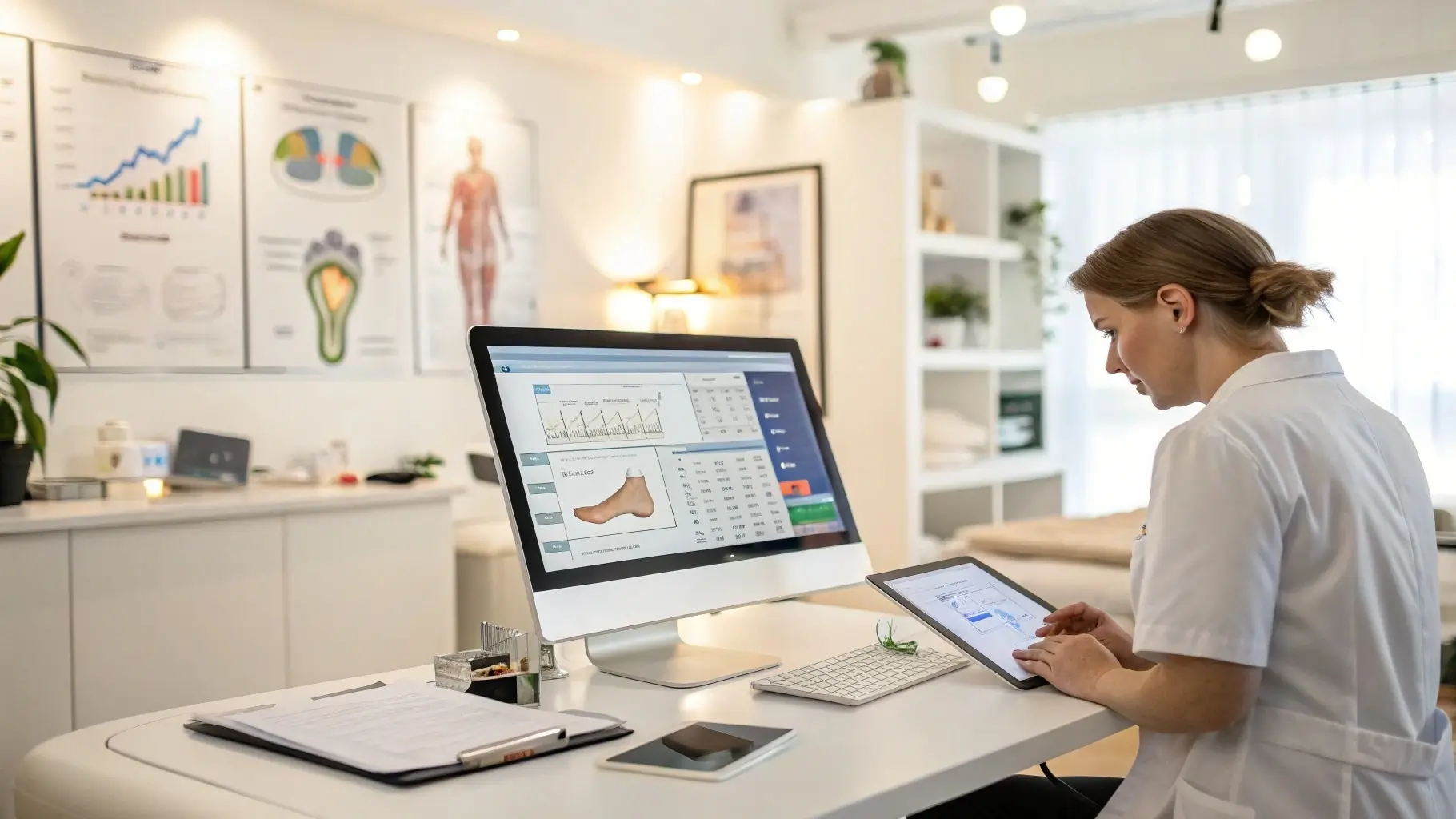Podiatry medical billing services showcased in a modern clinic with advanced technology setup.