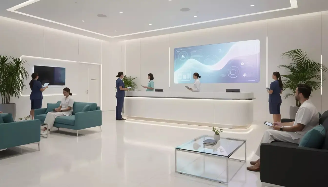 High-tech clinic reception area with digital display and modern decor, showcasing RCM innovation.