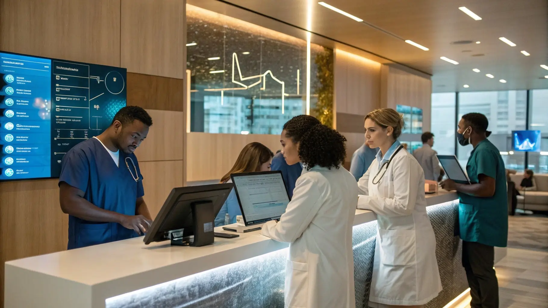 Modern clinic reception with healthcare professionals using digital technology for RCM efficiency.