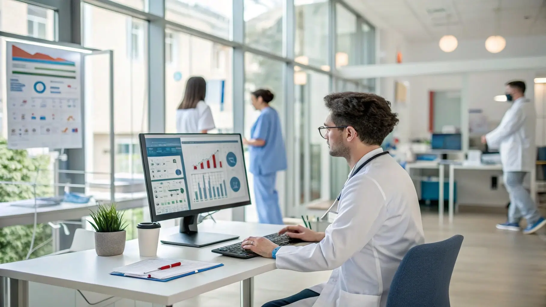 A healthcare professional uses a computer for revenue cycle management services in a modern clinic office.