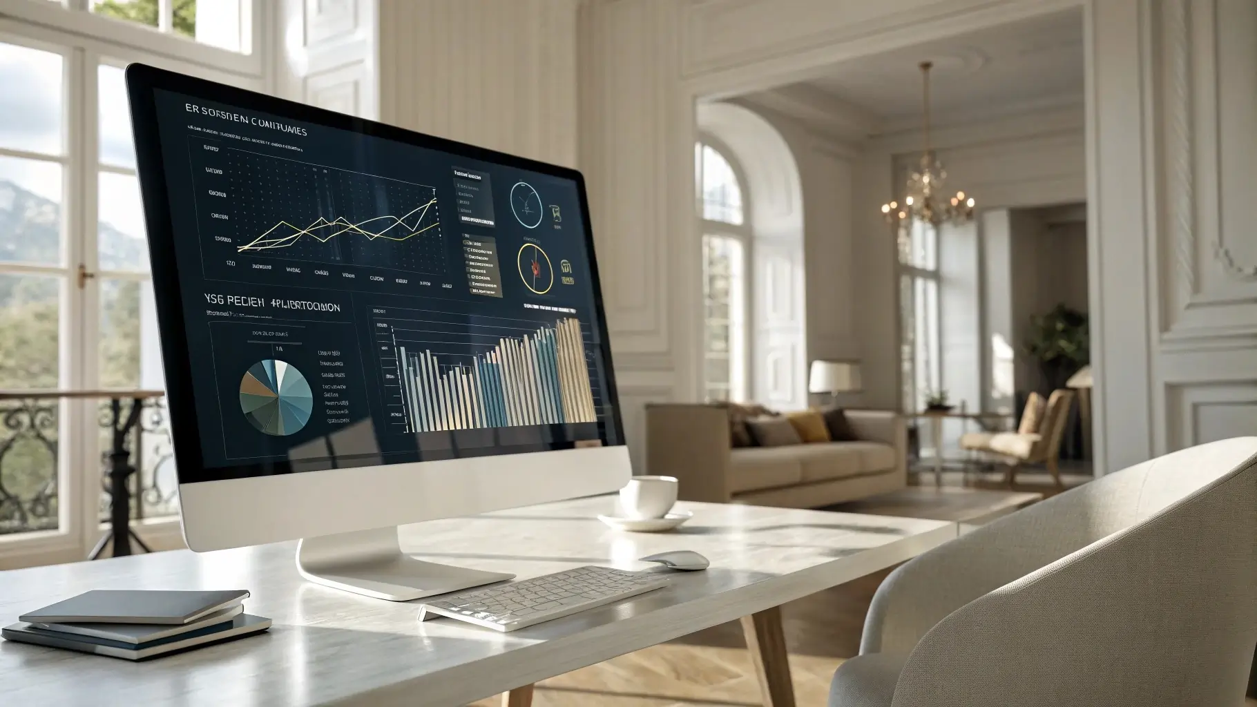 A professional office showcasing a computer with financial graphs related to Revenue Cycle Management.